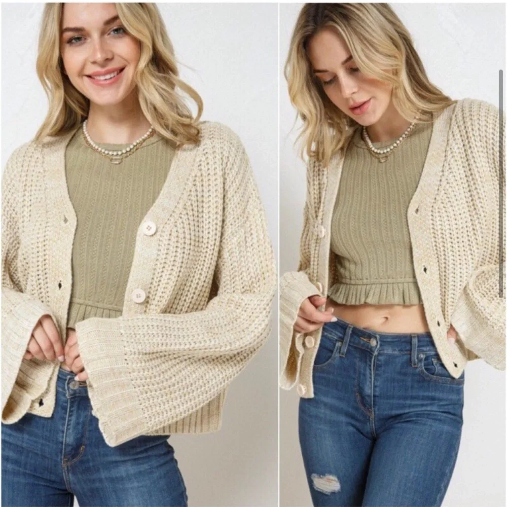 LAST ONE: Women’s knit button front v neck bell sleeve casual cardigan sweater - Picture 2 of 4